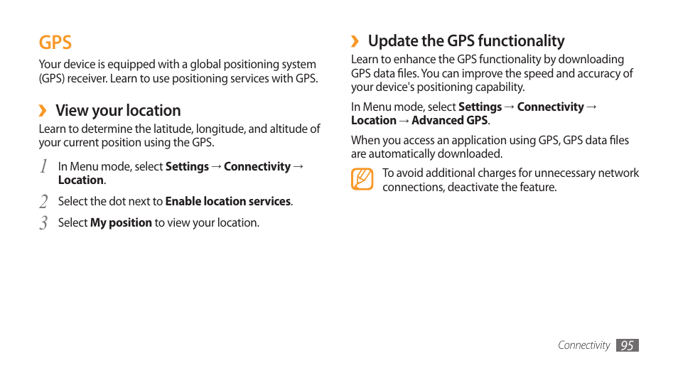 Update the gps functionality, View your location | Samsung Wave GT-S8500T User Manual | Page 96 / 138