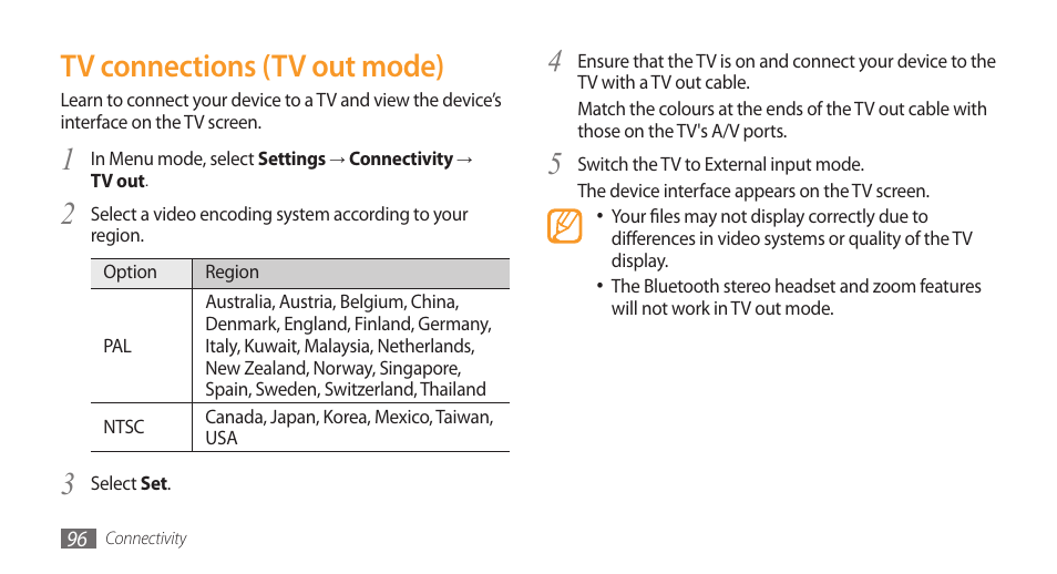 Tv connections (tv out mode) | Samsung Wave GT-S8500T User Manual | Page 97 / 138