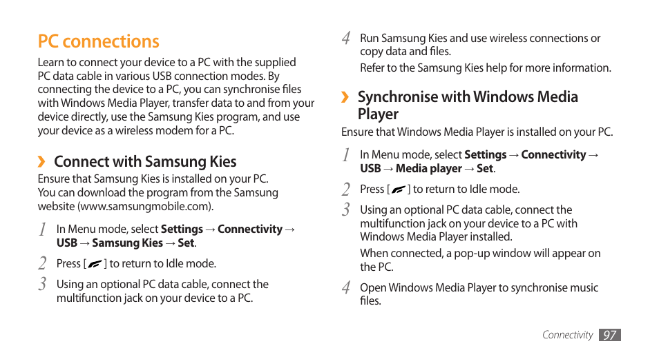 Pc connections, Synchronise with windows media player, Connect with samsung kies | Samsung Wave GT-S8500T User Manual | Page 98 / 138