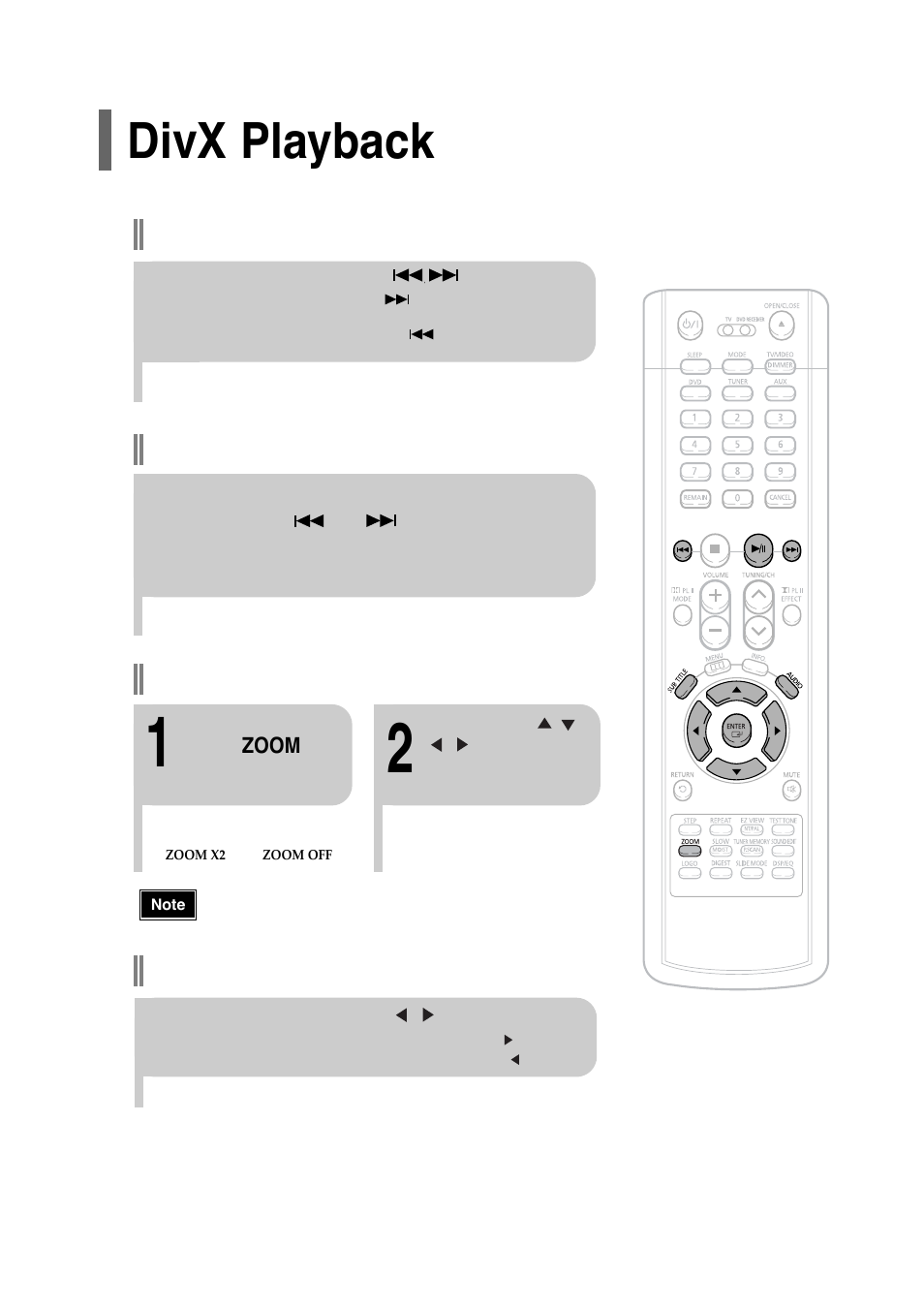 Divx playback, 23 divx playback, Fast playback skip forward/back | Zoom function, 5 minute skip function | Samsung HT-P30 User Manual | Page 24 / 68