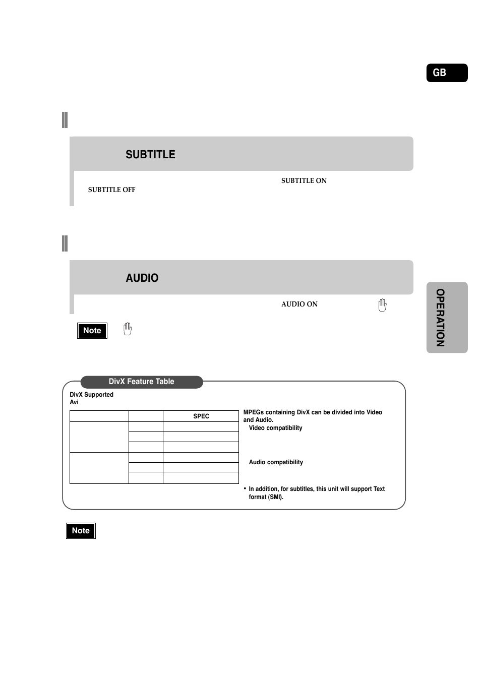 Subtitle display, Audio display, Press the subtitle button | Press the audio button, Opera tion | Samsung HT-P30 User Manual | Page 25 / 68