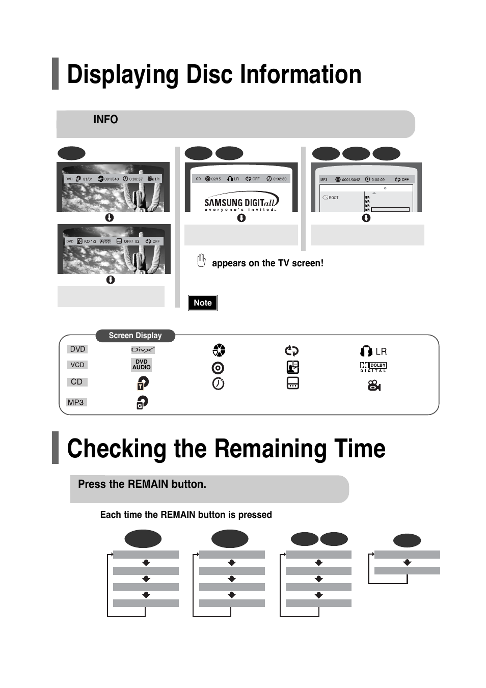 Displaying disc information, Checking the remaining time, Press info button | Press the remain button, Appears on the tv screen, Each time the remain button is pressed | Samsung HT-P30 User Manual | Page 26 / 68