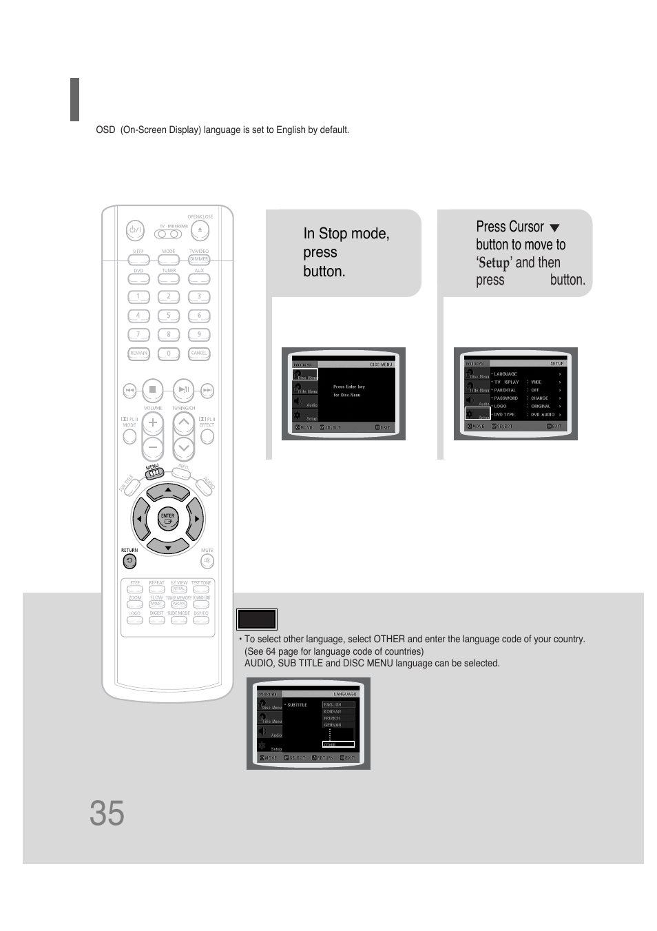 Setup, Setting the language, Setting the language 35 | Samsung HT-P30 User Manual | Page 36 / 68