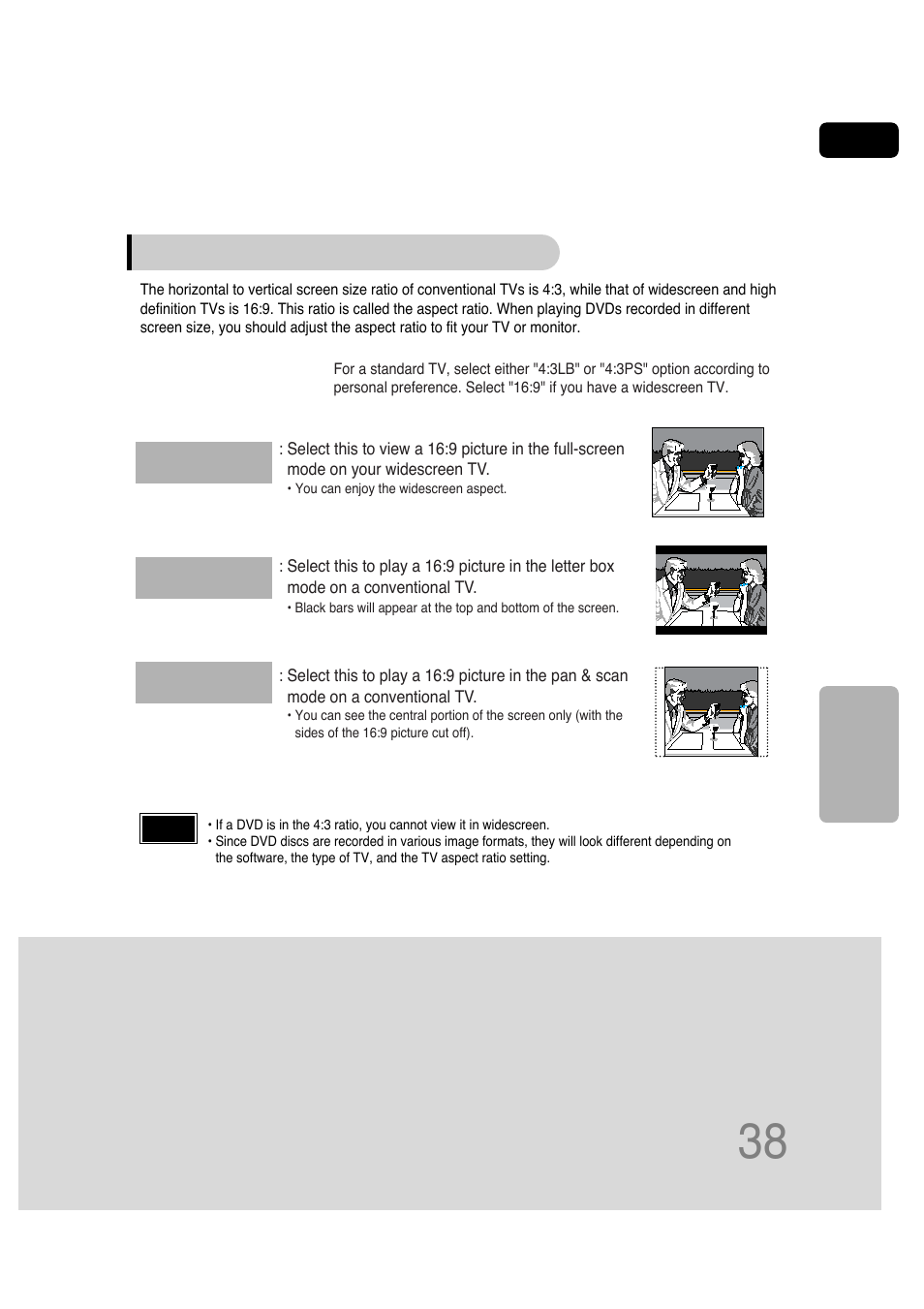 Adjusting the tv aspect ratio (screen size) | Samsung HT-P30 User Manual | Page 39 / 68