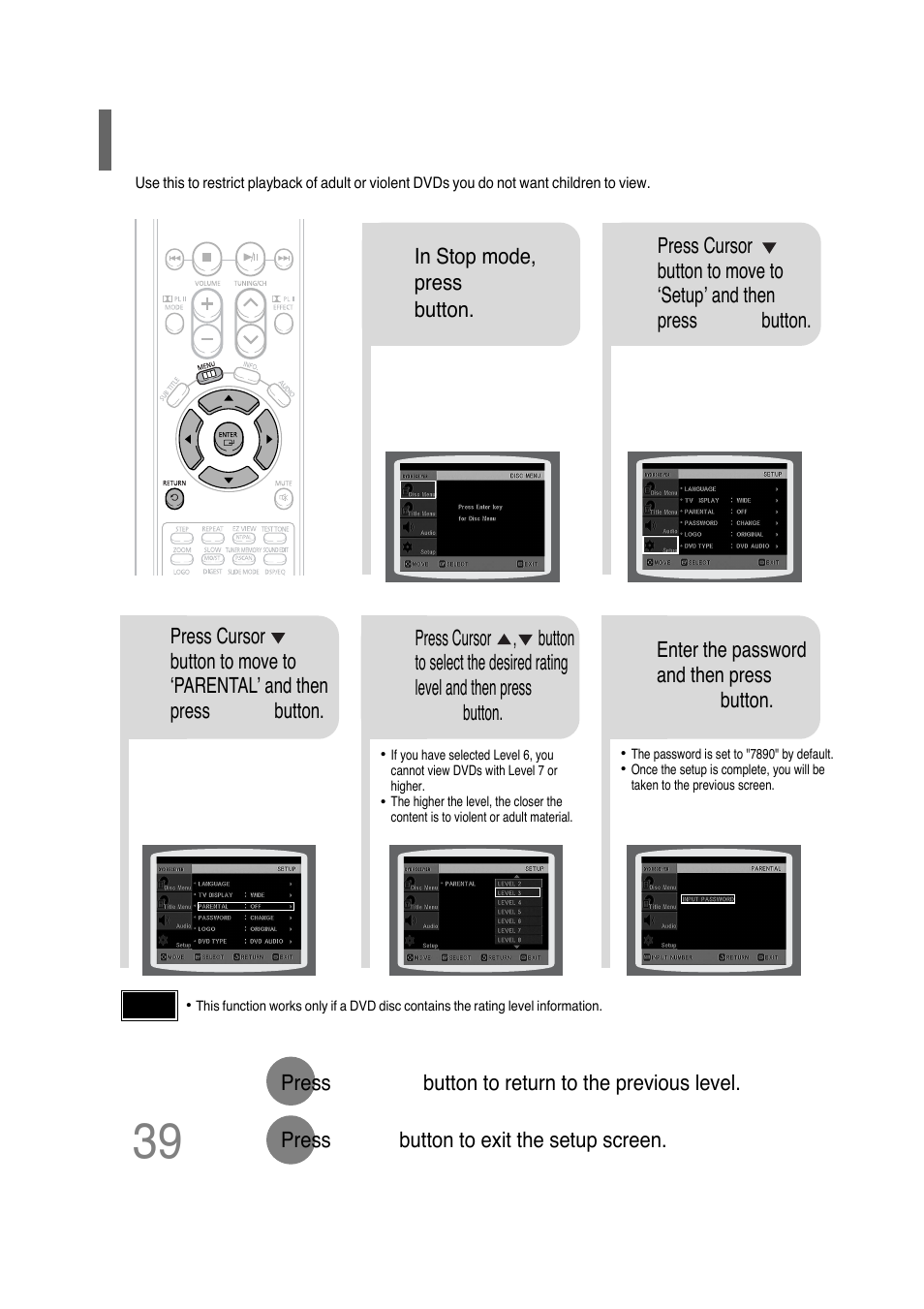 Setting parental controls (rating level) | Samsung HT-P30 User Manual | Page 40 / 68