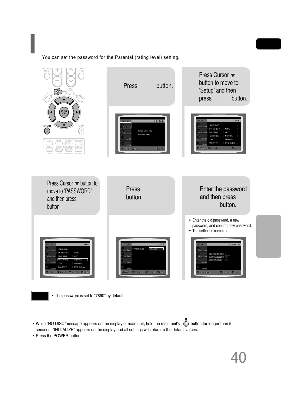 Setting the password | Samsung HT-P30 User Manual | Page 41 / 68