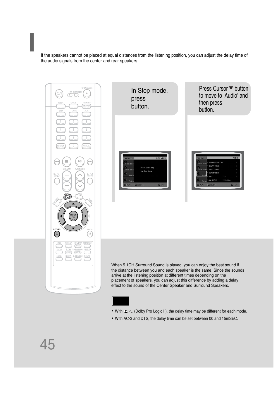 Setting the delay time | Samsung HT-P30 User Manual | Page 46 / 68