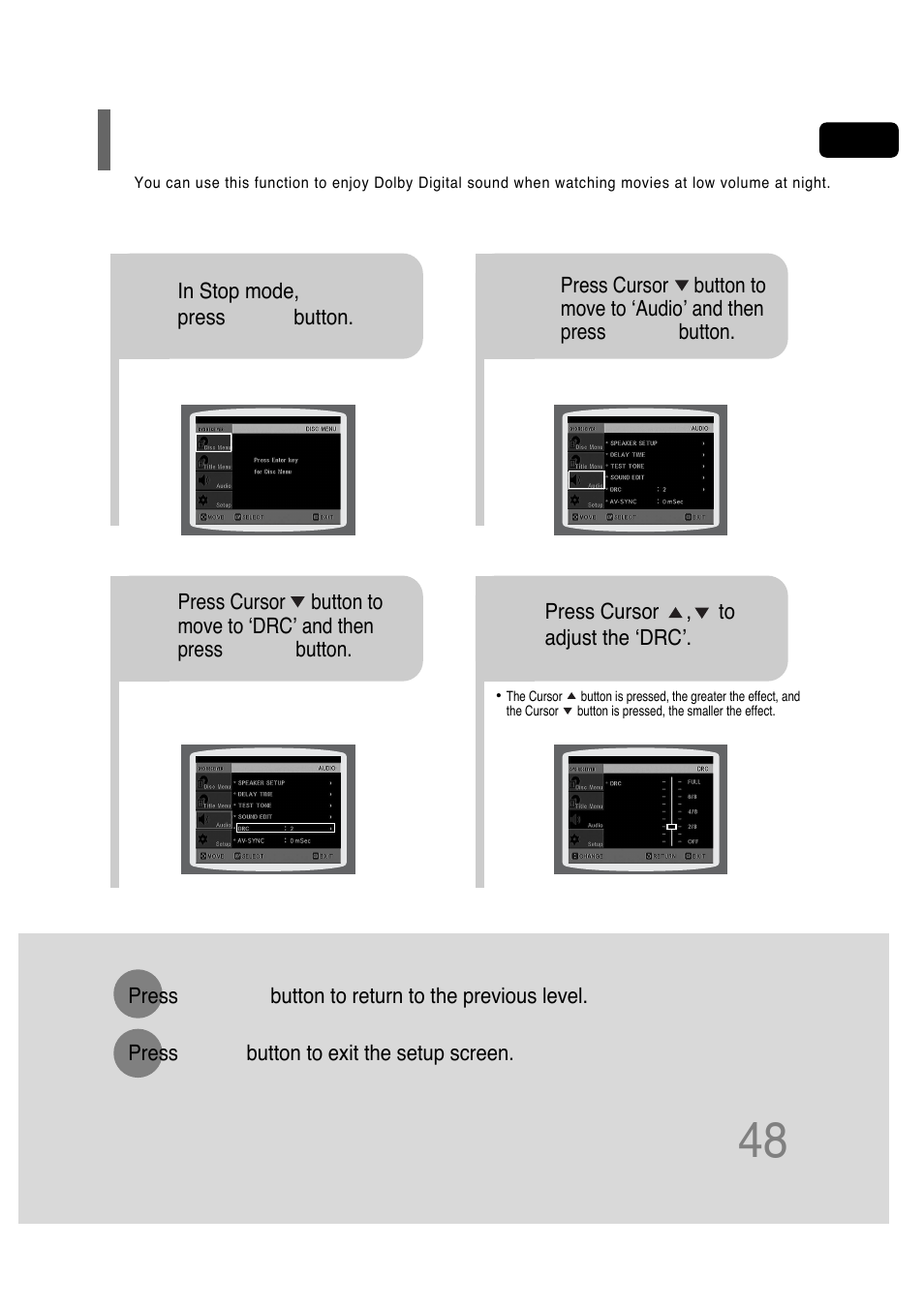 Setting the drc (dynamic range compression), Setting the drc, Dynamic range compression) | Samsung HT-P30 User Manual | Page 49 / 68