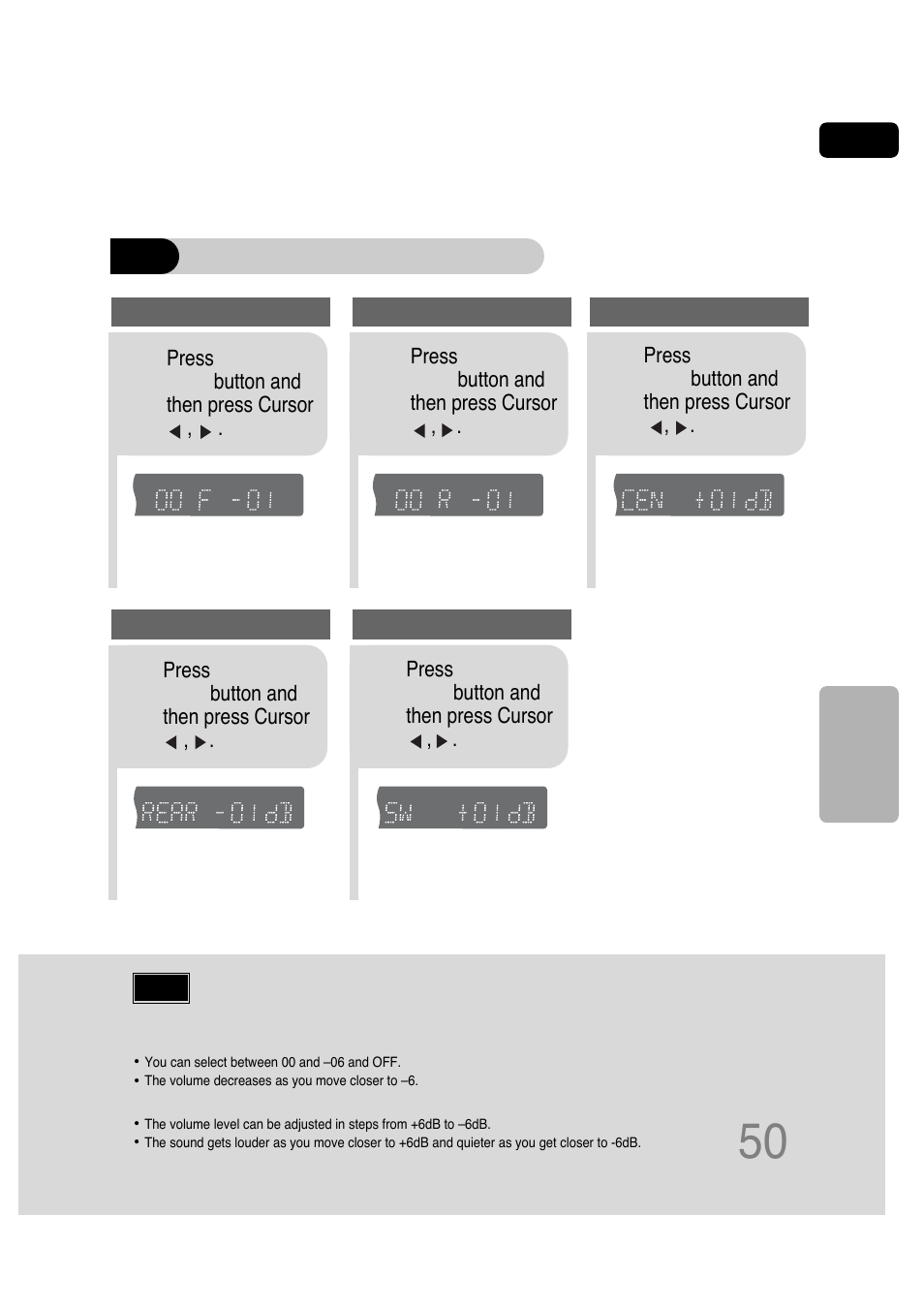 When manually adjusting with the sound edit button, Adjusting center speaker level | Samsung HT-P30 User Manual | Page 51 / 68