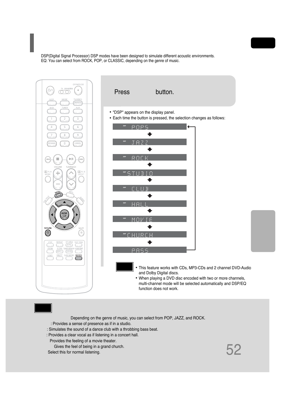 Sound field (dsp)/eq function, Press dsp/eq button | Samsung HT-P30 User Manual | Page 53 / 68