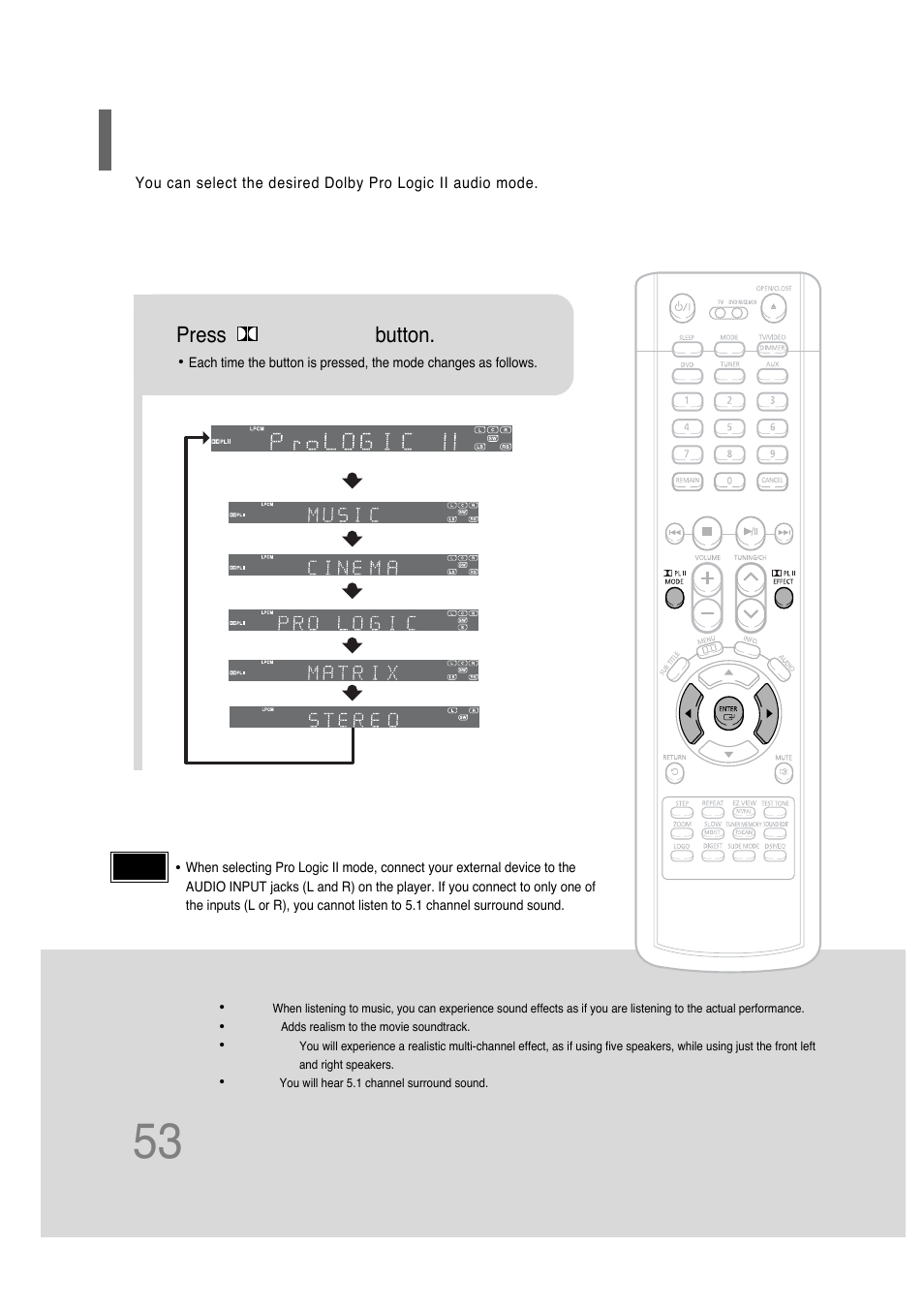 Dolby pro logic ii mode, Press pl ii mode button | Samsung HT-P30 User Manual | Page 54 / 68