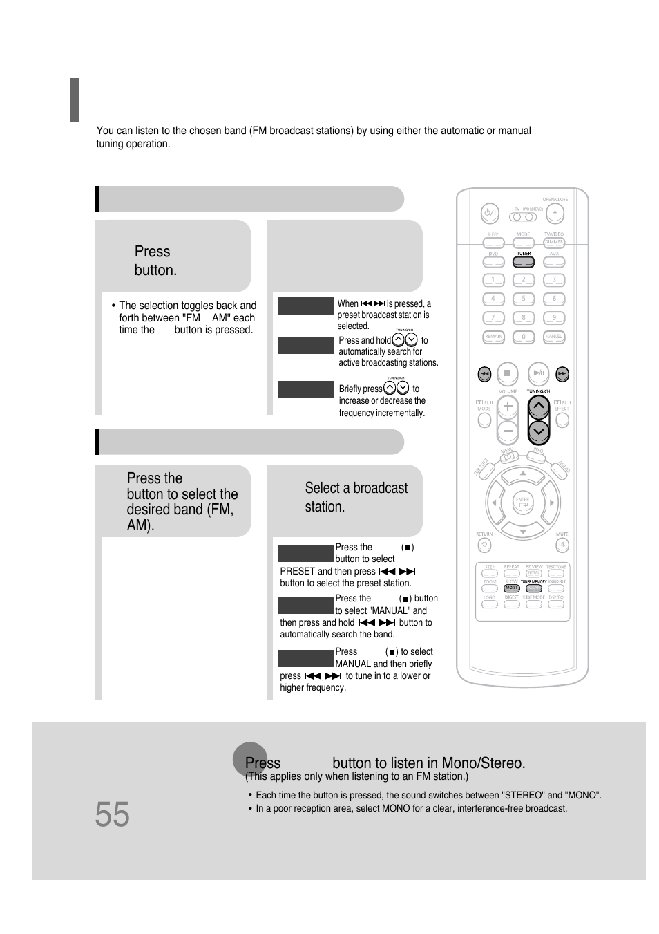 Radio operation, Listening to radio | Samsung HT-P30 User Manual | Page 56 / 68