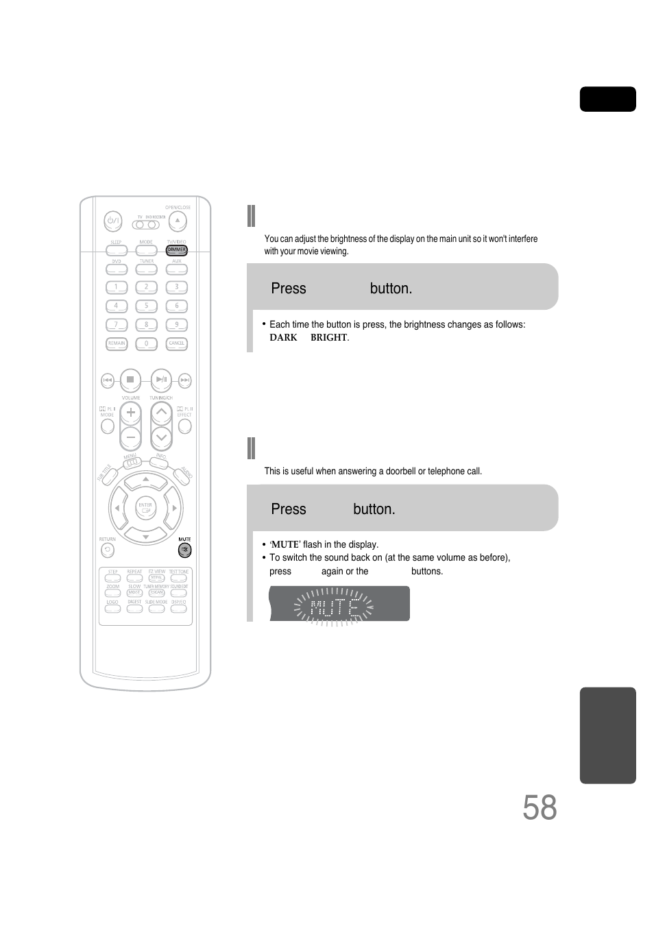 Adjusting display brightness, Mute function, Press dimmer button | Press mute button | Samsung HT-P30 User Manual | Page 59 / 68