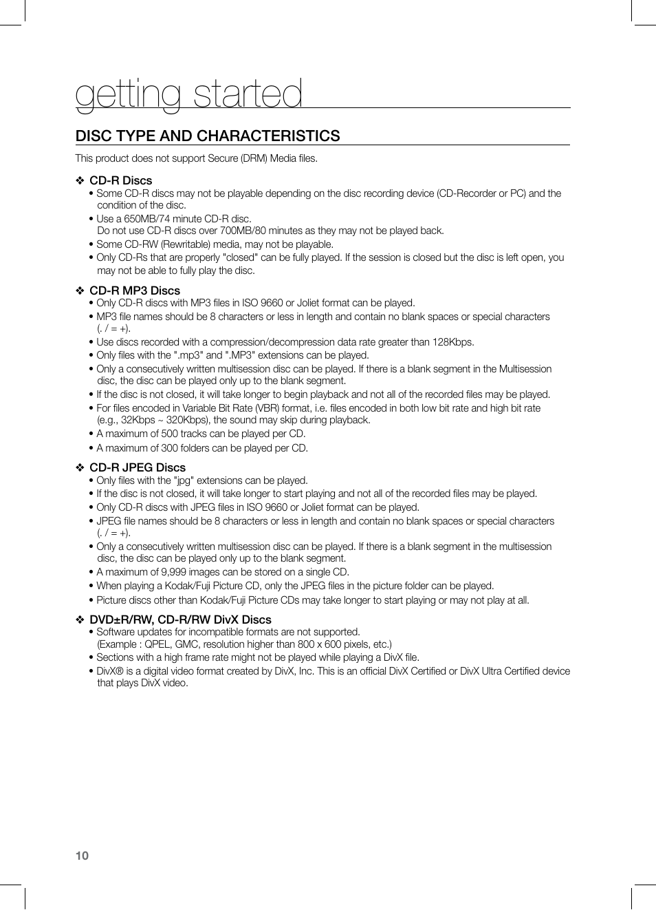 Getting started, Disc type and characteristics | Samsung HT-TZ525 User Manual | Page 10 / 78