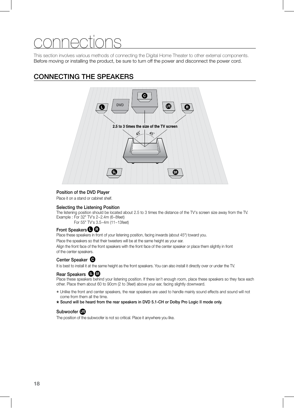 Connections, Conecting the speakers, Connecting the speakers | Samsung HT-TZ525 User Manual | Page 18 / 78