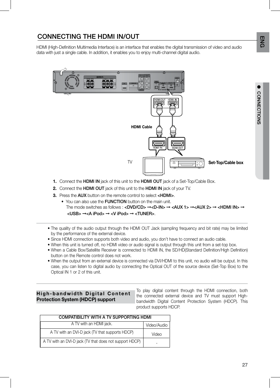 Conecting the hdmi in/out, Connecting the hdmi in/out, En g | Samsung HT-TZ525 User Manual | Page 27 / 78