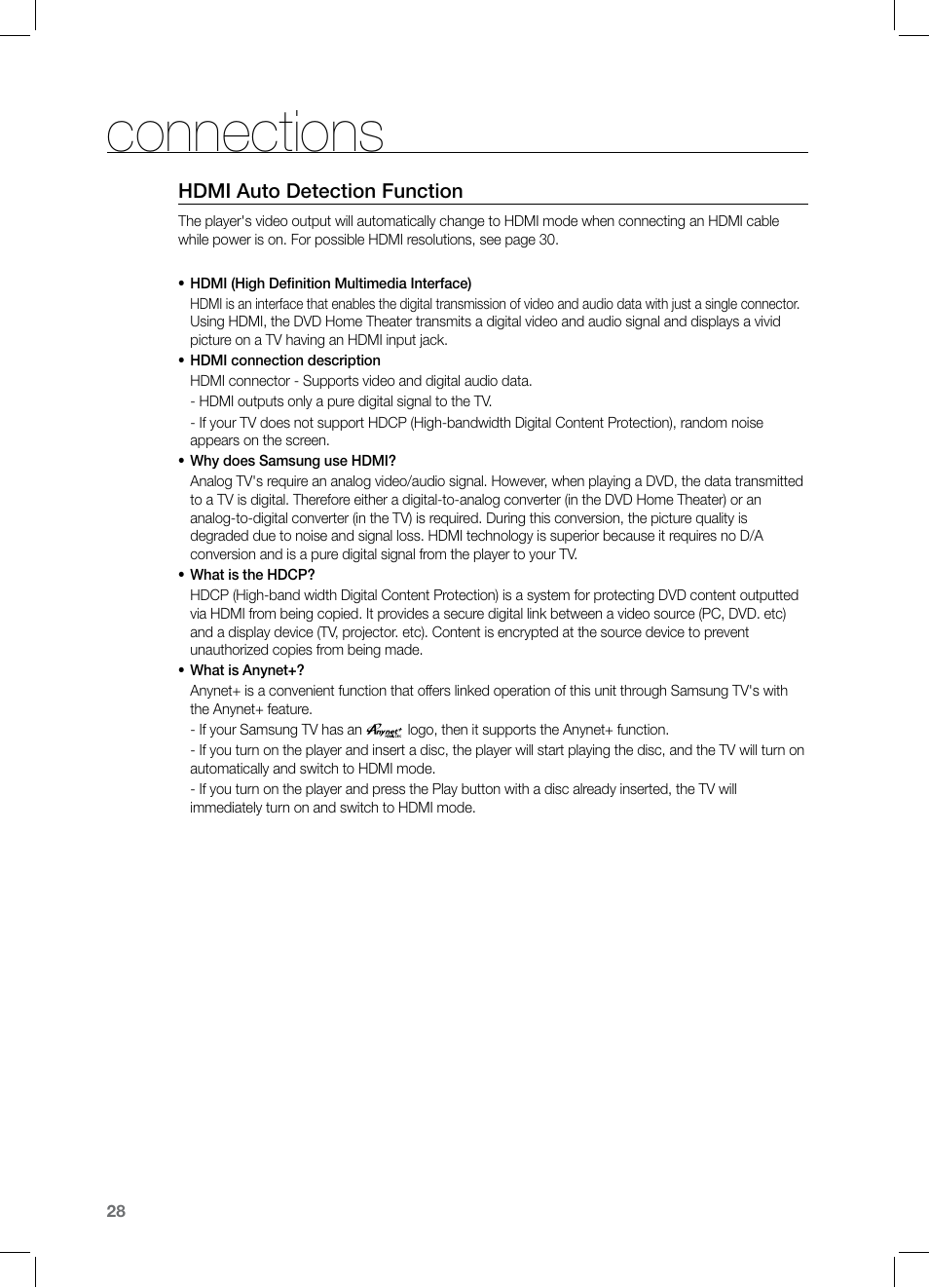 Hdmi auto detection function, Connections | Samsung HT-TZ525 User Manual | Page 28 / 78