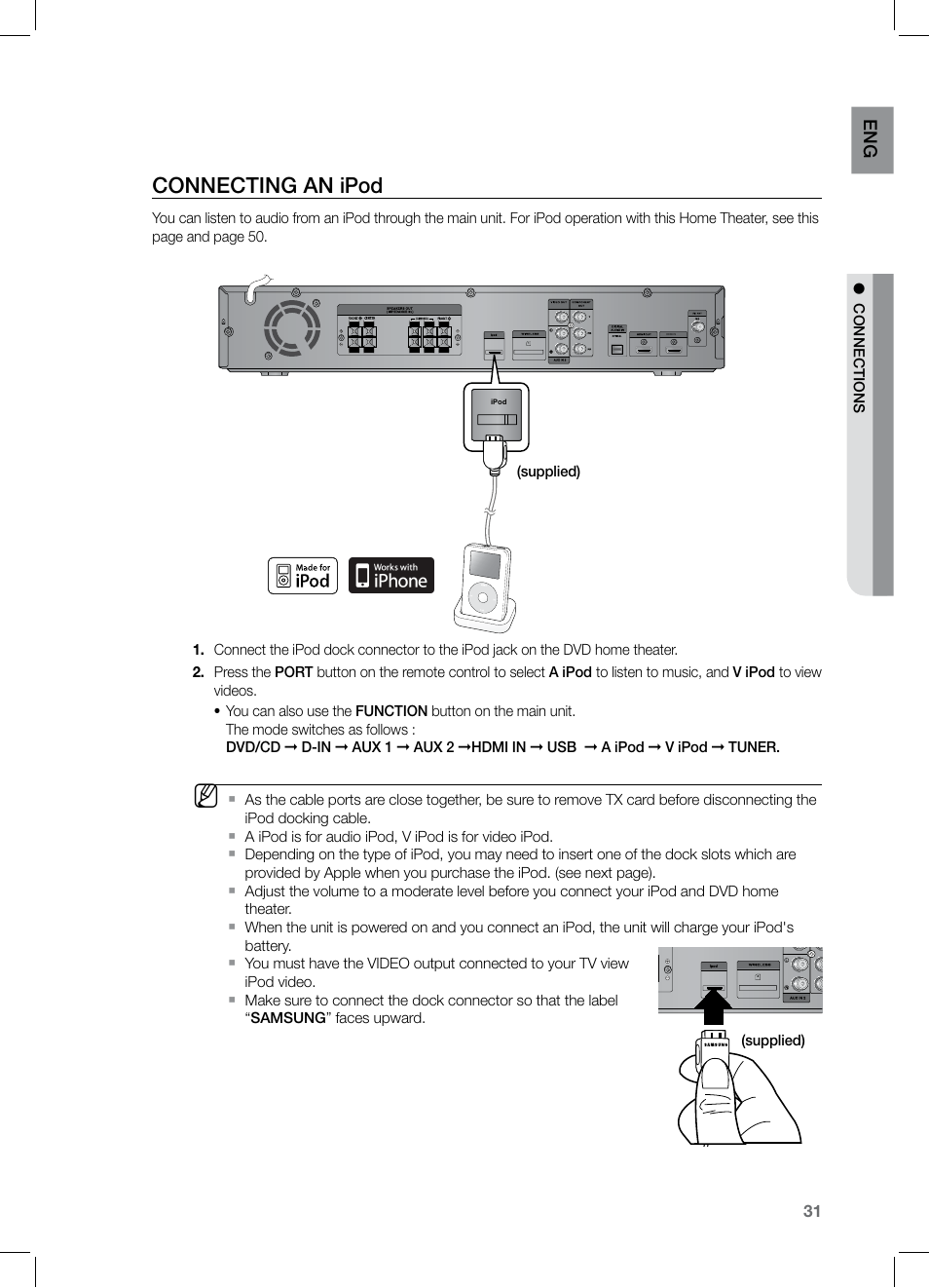 Conecting an ipod, Connecting an ipod | Samsung HT-TZ525 User Manual | Page 31 / 78