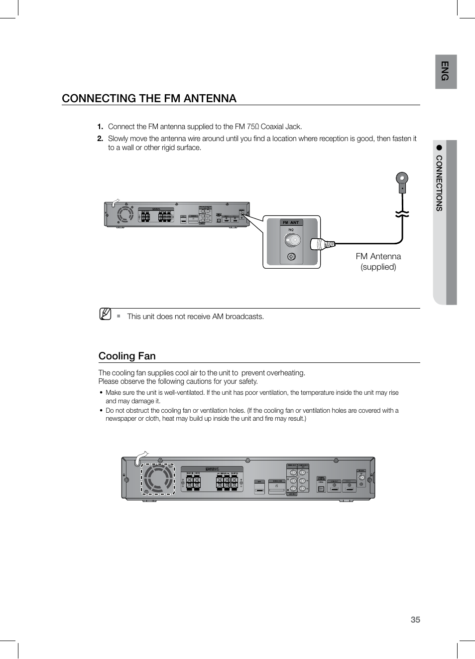 Conecting the fm antena, Cooling fan, Connecting the fm antenna | Samsung HT-TZ525 User Manual | Page 35 / 78