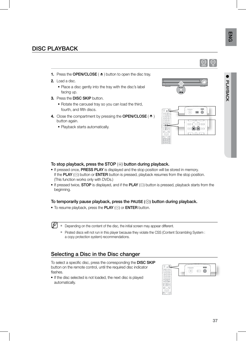 Disc playback, Selecting a disc in the disc changer | Samsung HT-TZ525 User Manual | Page 37 / 78