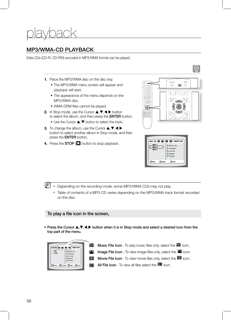 Playback, Mp3/wma-cd playback | Samsung HT-TZ525 User Manual | Page 38 / 78