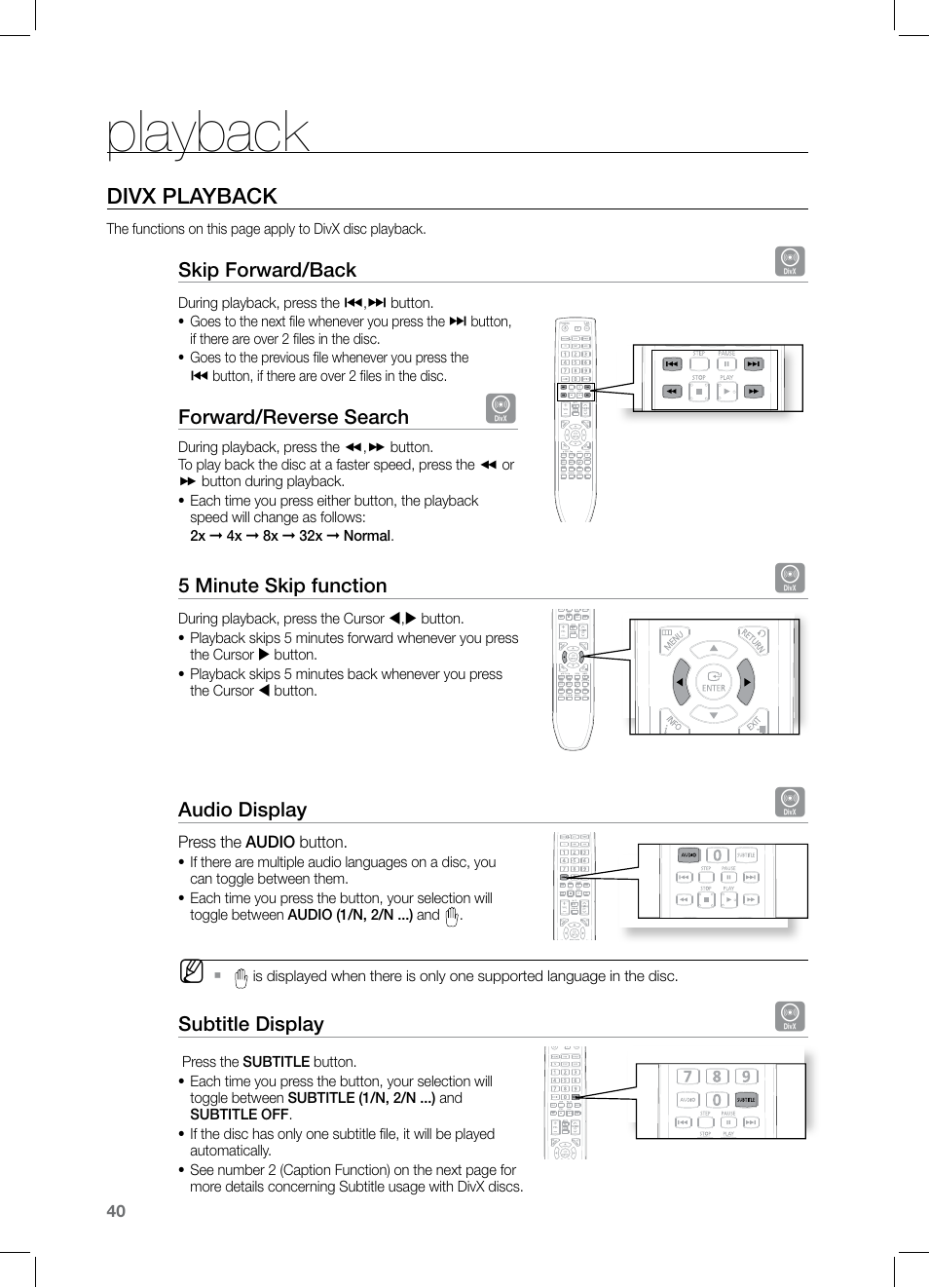 Playback, Divx playback | Samsung HT-TZ525 User Manual | Page 40 / 78