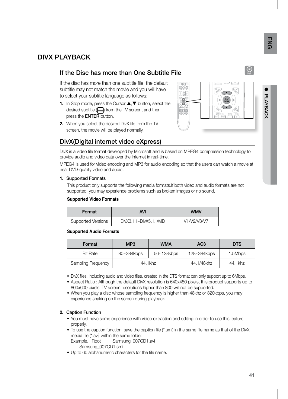 Divx playback, If the disc has more than one subtitle file, Divx(digital internet video express) | Samsung HT-TZ525 User Manual | Page 41 / 78