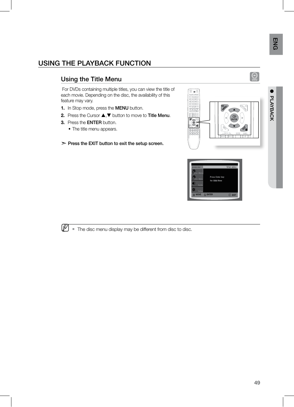 Using the playback function, Using the title menu | Samsung HT-TZ525 User Manual | Page 49 / 78