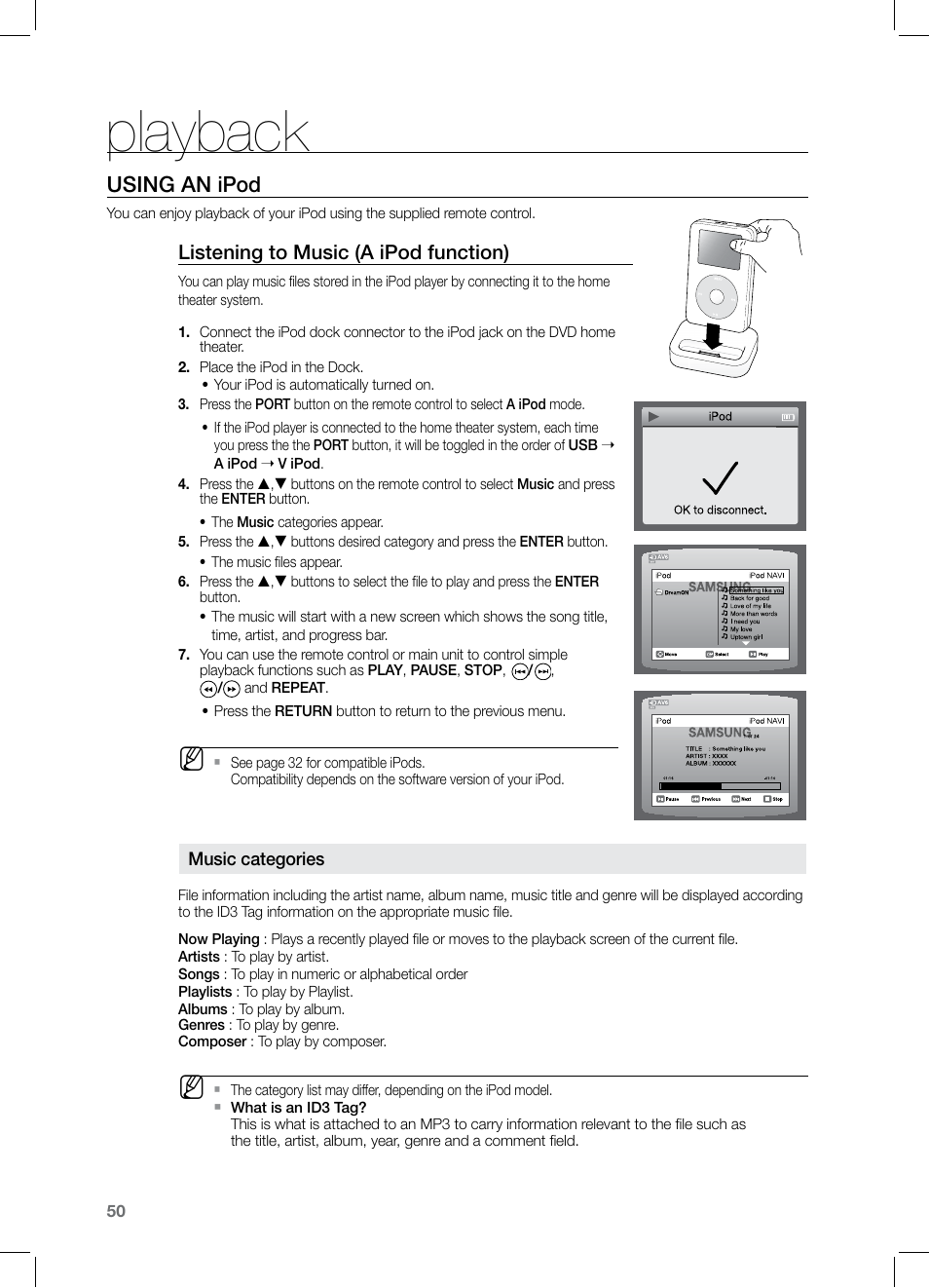 Using an ipod, Playback | Samsung HT-TZ525 User Manual | Page 50 / 78