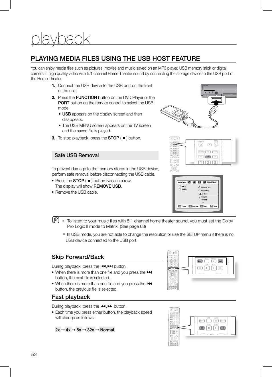 Playing media files using the usb host featu re, Playback, Playing media files using the usb host feature | Skip forward/back, Fast playback | Samsung HT-TZ525 User Manual | Page 52 / 78
