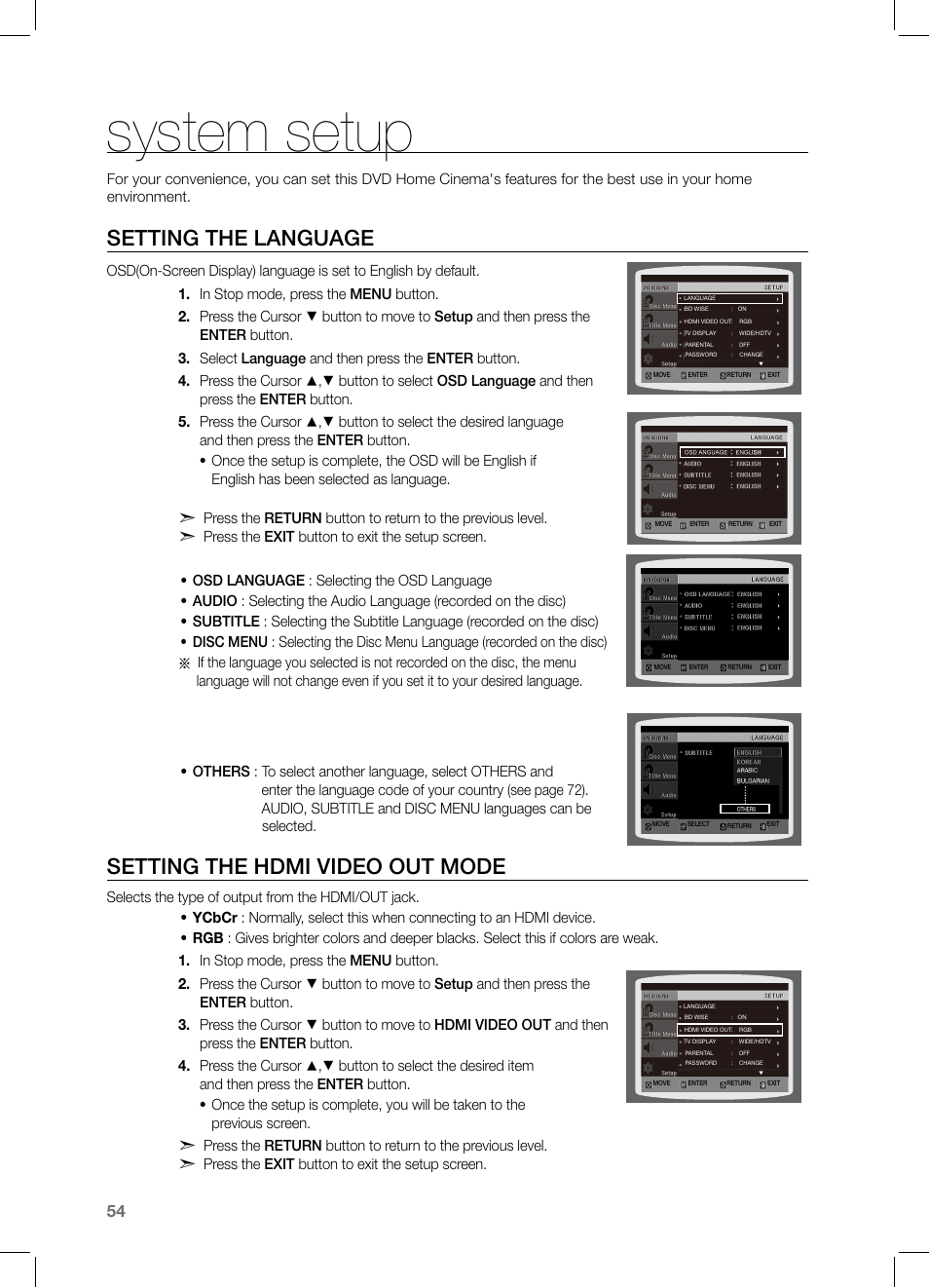 System setup, Seting the language, Seting the hdmi video out mode | Setting the language, Setting the hdmi video out mode | Samsung HT-TZ525 User Manual | Page 54 / 78