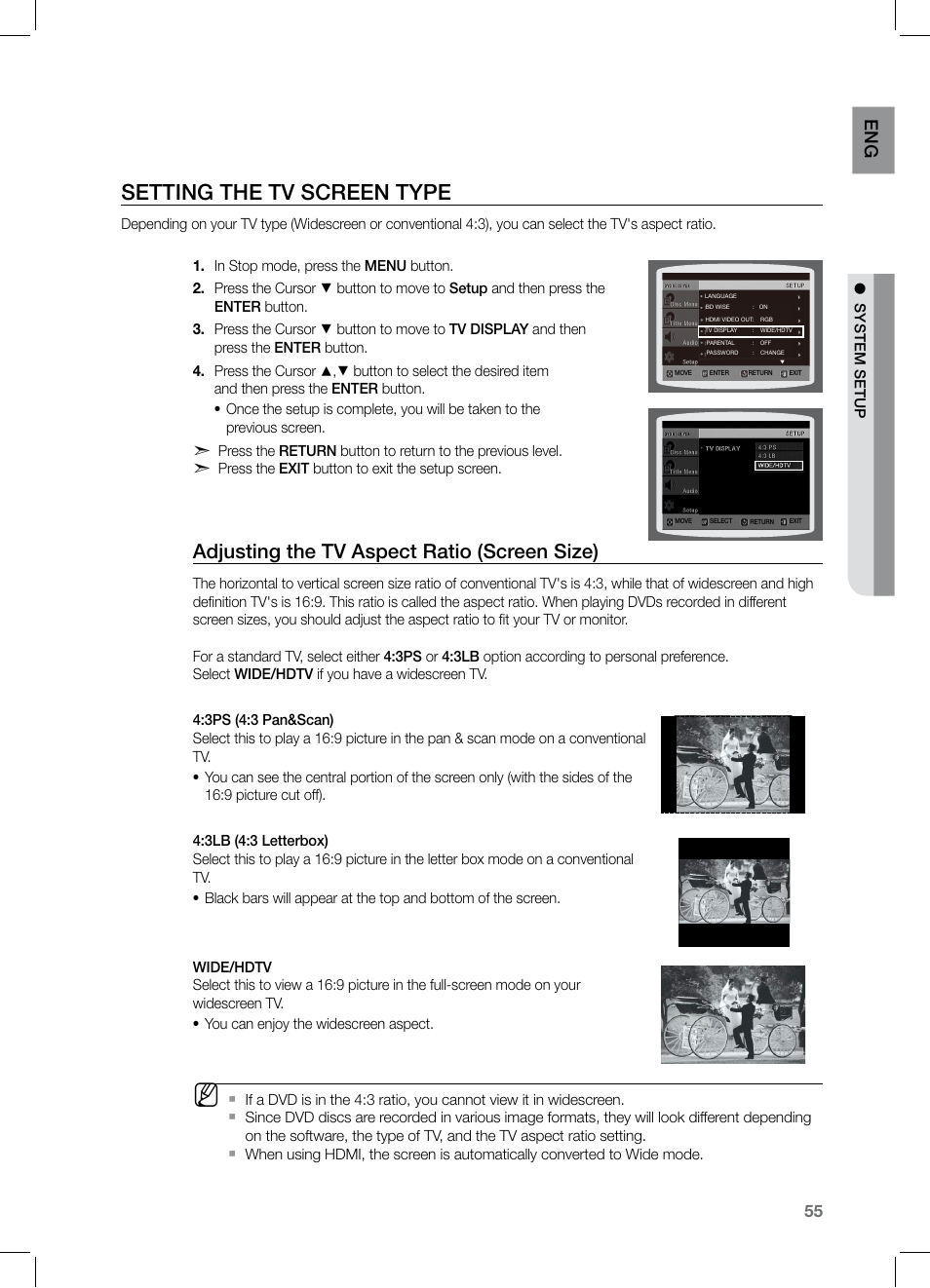 Seting the tv screen type, Setting the tv screen type, Adjusting the tv aspect ratio (screen size) | En g | Samsung HT-TZ525 User Manual | Page 55 / 78