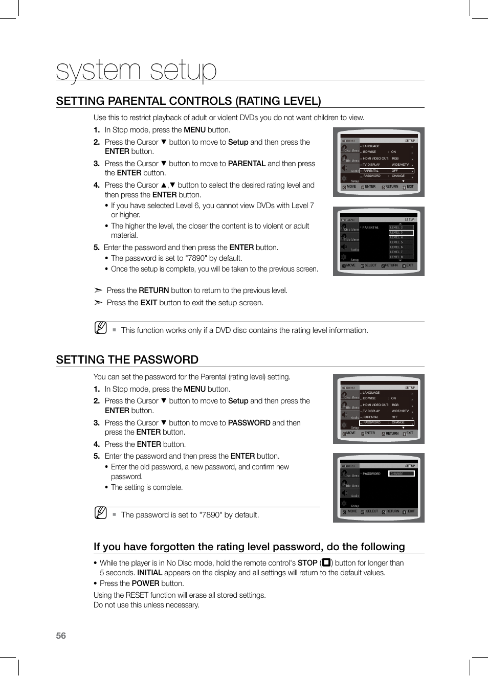 Seting parental controls (rating level), Seting the pasword, System setup | Setting parental controls (rating level), Setting the password | Samsung HT-TZ525 User Manual | Page 56 / 78
