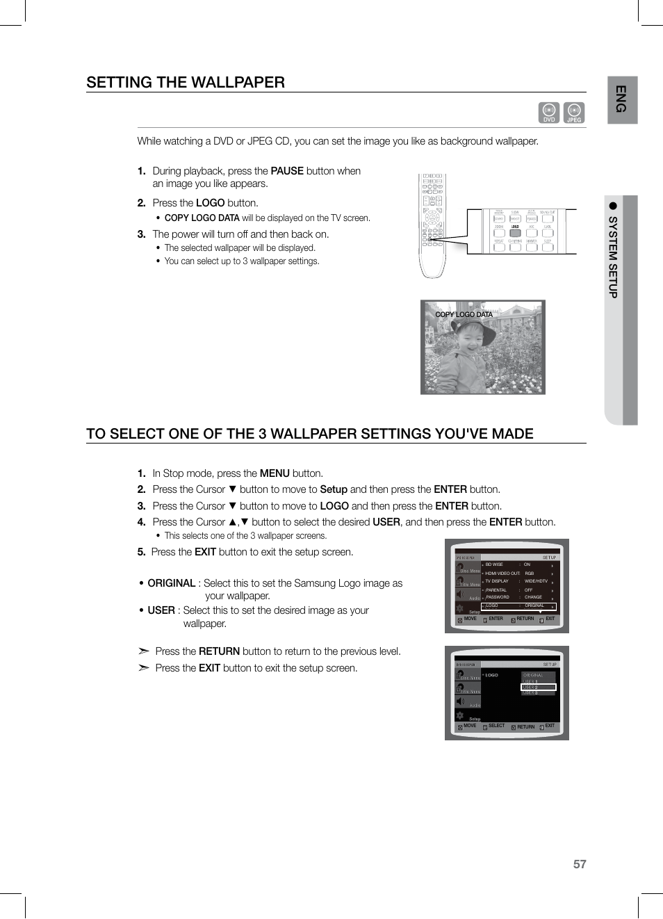 Seting the walpape r, Setting the wallpaper, En g | Samsung HT-TZ525 User Manual | Page 57 / 78