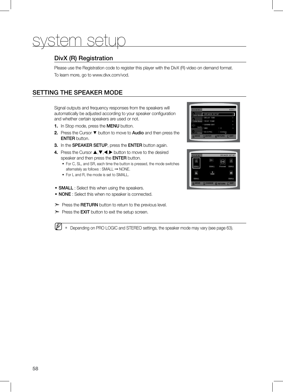 Seting the speaker mode, System setup, Divx (r) registration | Setting the speaker mode | Samsung HT-TZ525 User Manual | Page 58 / 78