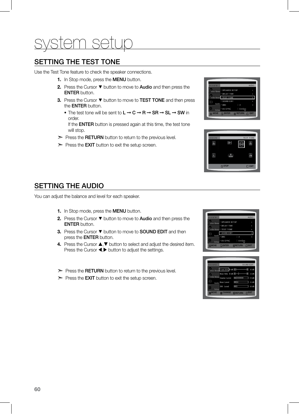 Seting the test tone, Seting the audio, System setup | Setting the test tone, Setting the audio | Samsung HT-TZ525 User Manual | Page 60 / 78