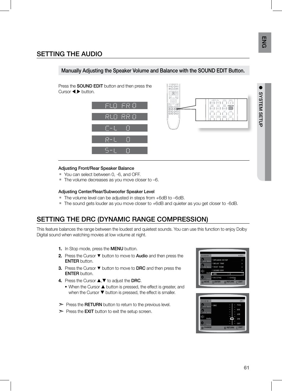 Seting the drc (dynamic range compresion), Setting the audio, Setting the drc (dynamic range compression) | En g | Samsung HT-TZ525 User Manual | Page 61 / 78