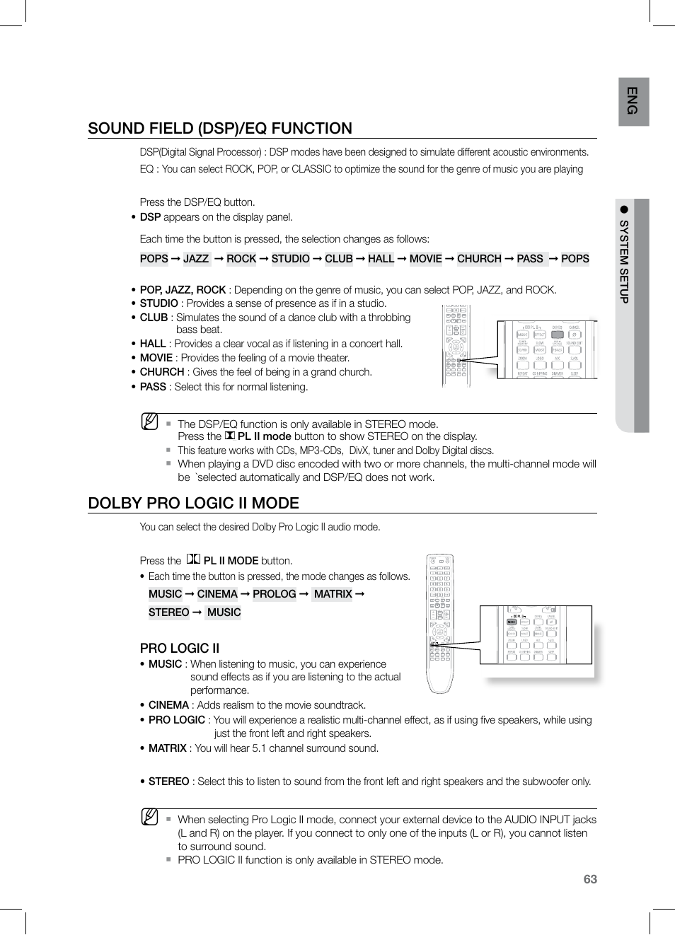 Sound field (dsp)/eq function, Dolby pro logic ii mode | Samsung HT-TZ525 User Manual | Page 63 / 78