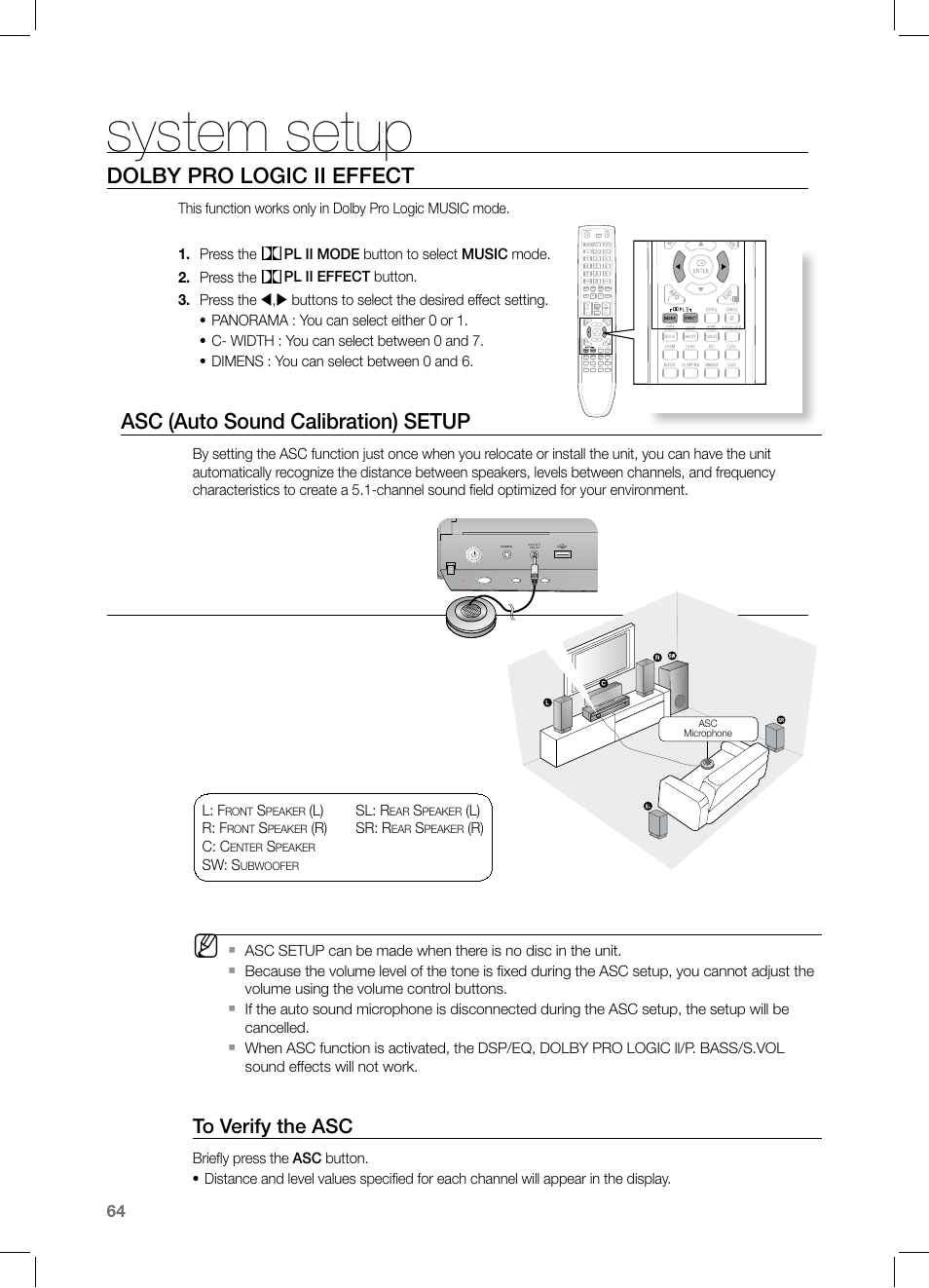 Dolby pro logic ii effect, Asc (auto sound calibration) setup, System setup | Samsung HT-TZ525 User Manual | Page 64 / 78