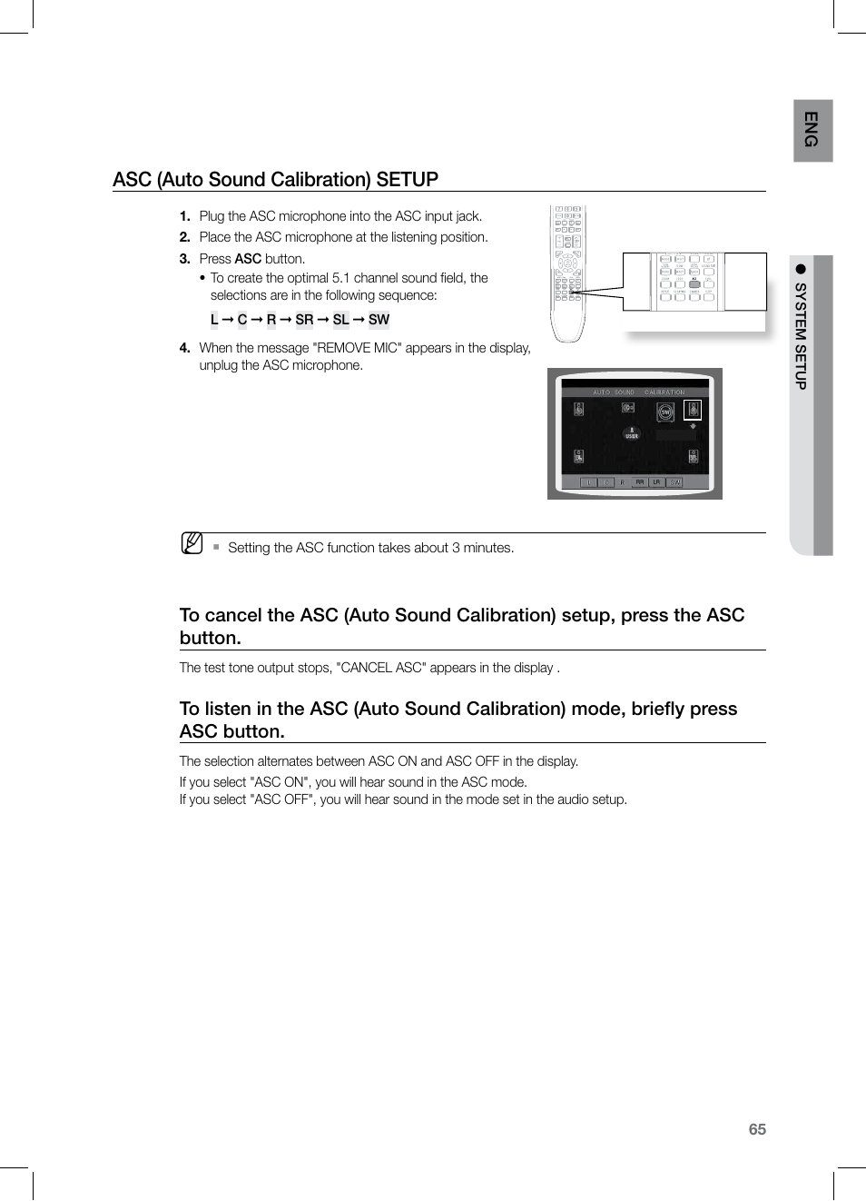 Asc (auto sound calibration) setup | Samsung HT-TZ525 User Manual | Page 65 / 78