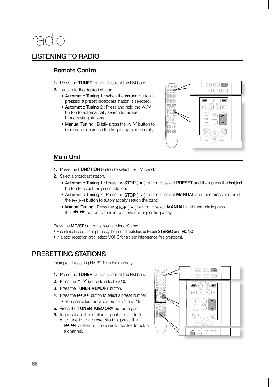 Radio, Listening to radio, Presetting stations | Remote control, Main unit | Samsung HT-TZ525 User Manual | Page 66 / 78