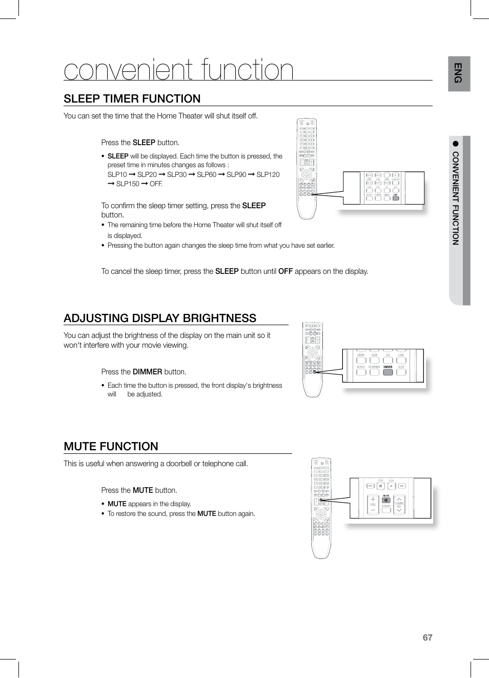 Convenient function, Slep timer function, Adjusting display brightnes | Mute function, Sleep timer function, Adjusting display brightness | Samsung HT-TZ525 User Manual | Page 67 / 78