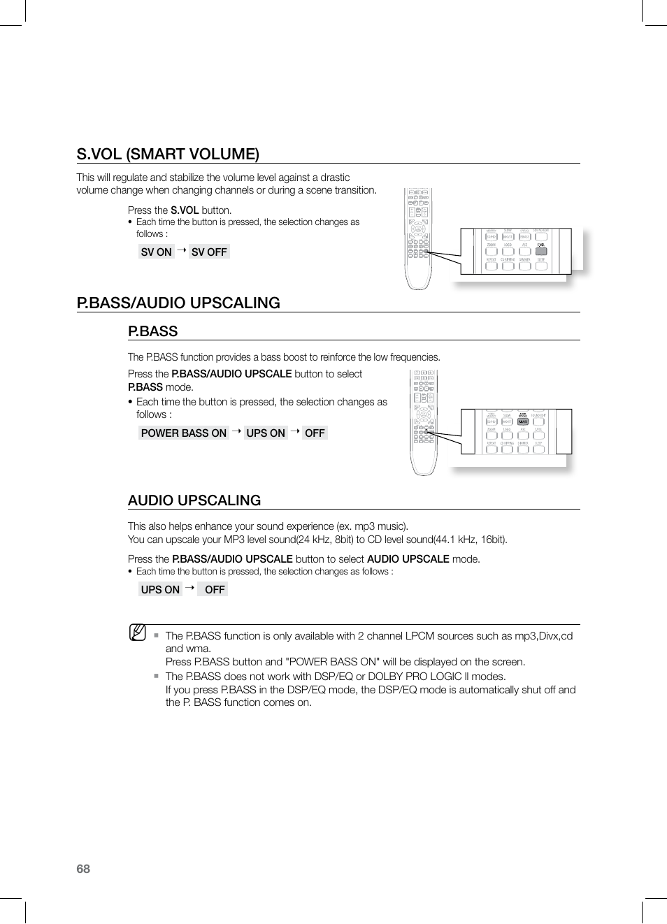S.vol (smart volume), P.bass/audio upscaling, P.bass | Audio upscaling | Samsung HT-TZ525 User Manual | Page 68 / 78