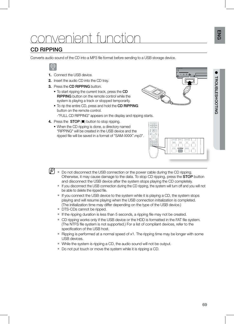 Cd ripping, Convenient function | Samsung HT-TZ525 User Manual | Page 69 / 78