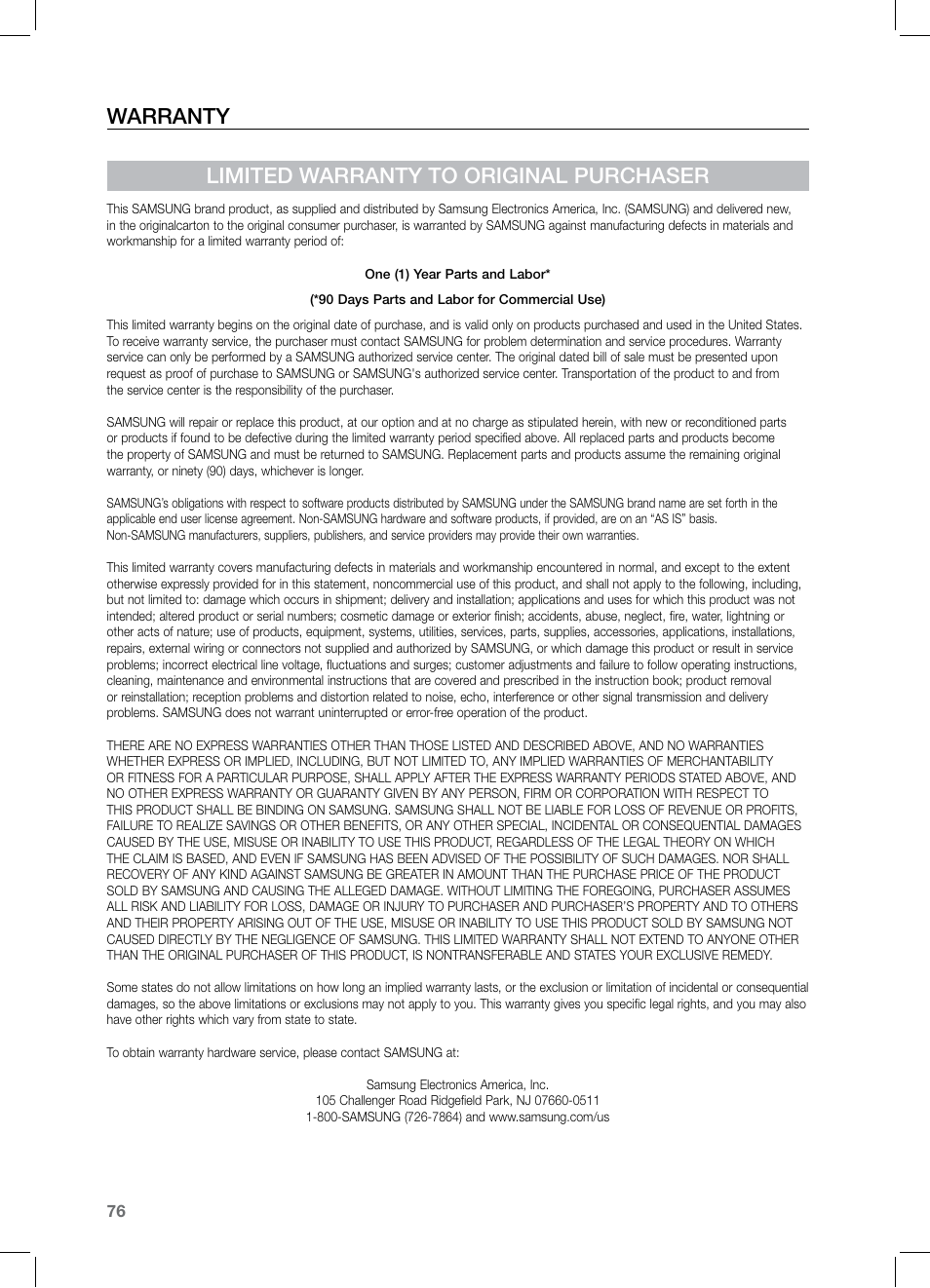 Warranty, Warranty limited warranty to original purchaser | Samsung HT-TZ525 User Manual | Page 76 / 78