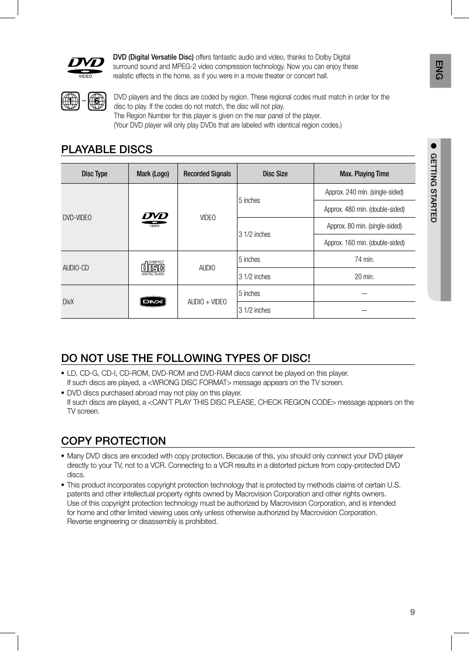 Playable discs, Do not use the following types of disc, Copy protection | En g | Samsung HT-TZ525 User Manual | Page 9 / 78