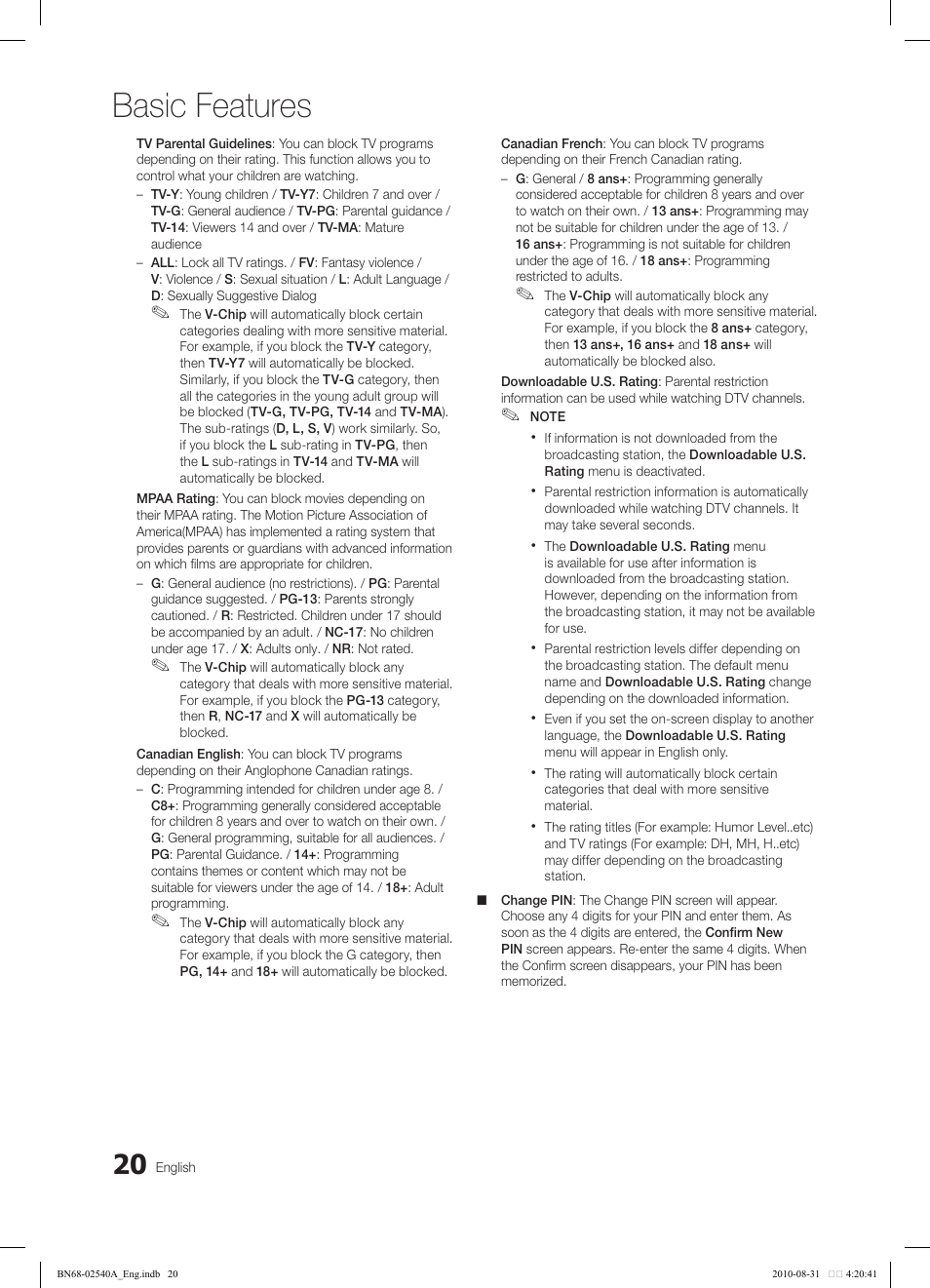 Basic features | Samsung 540 User Manual | Page 20 / 41