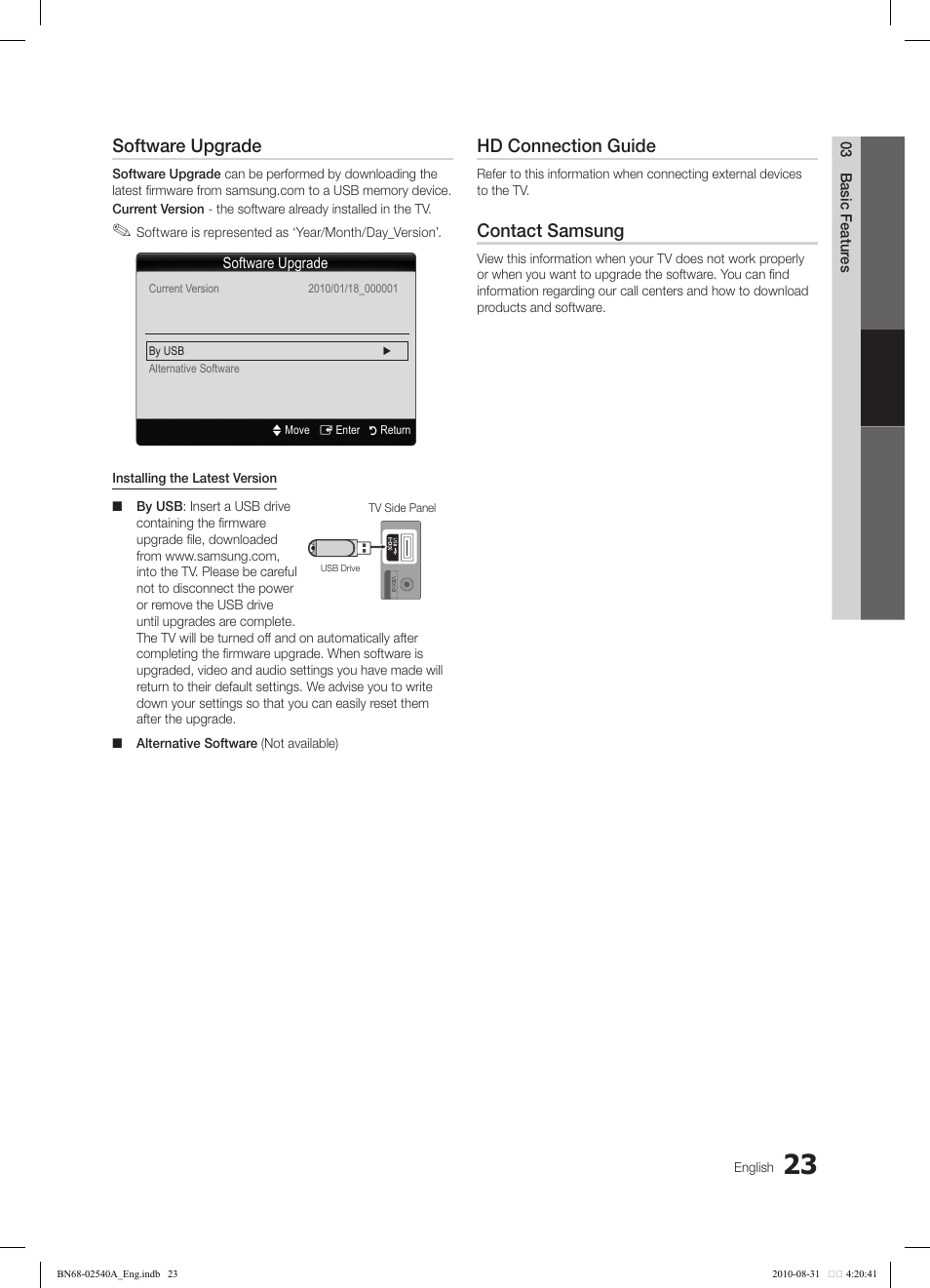 Software upgrade, Hd connection guide, Contact samsung | Samsung 540 User Manual | Page 23 / 41