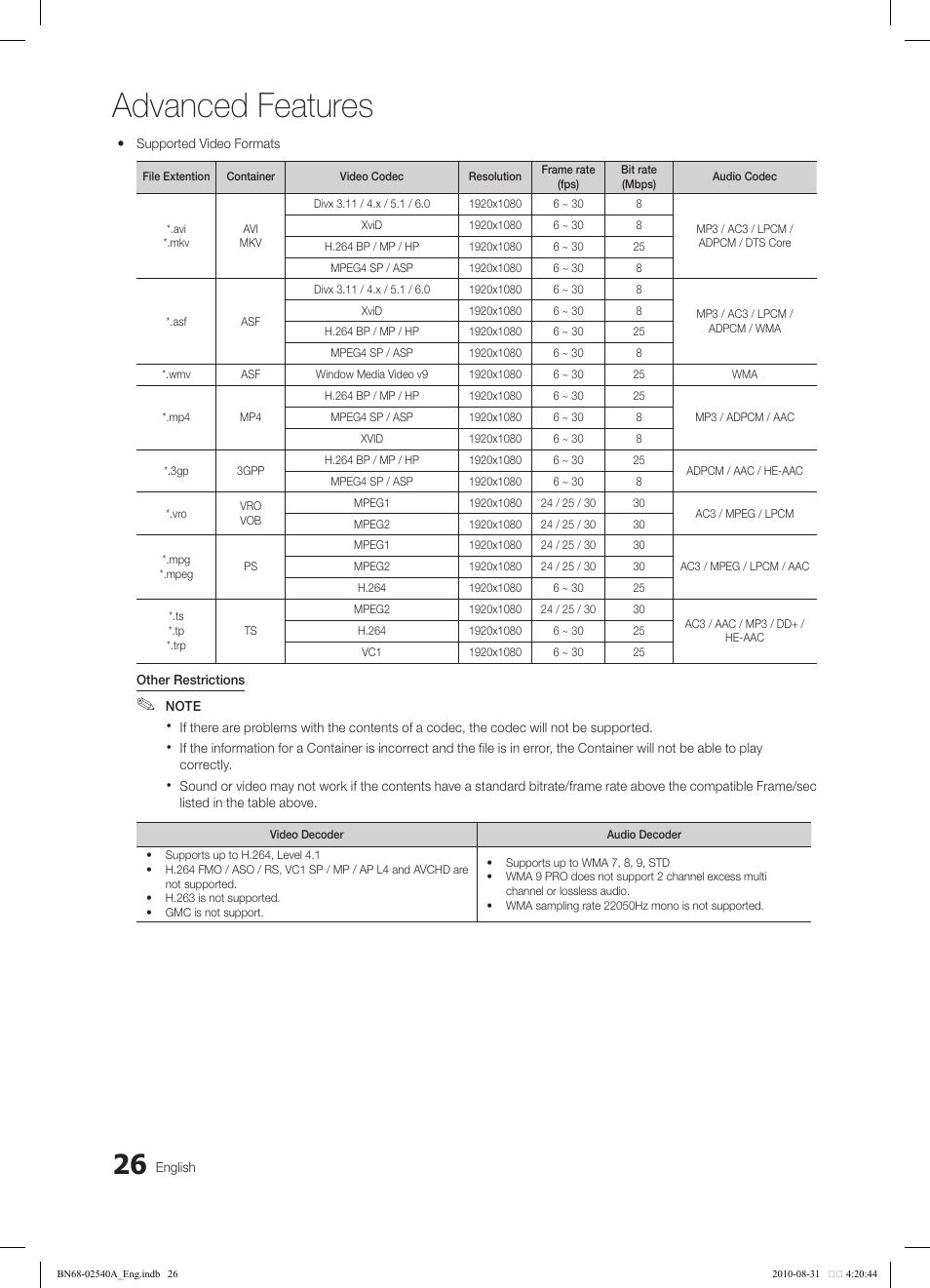 Advanced features | Samsung 540 User Manual | Page 26 / 41