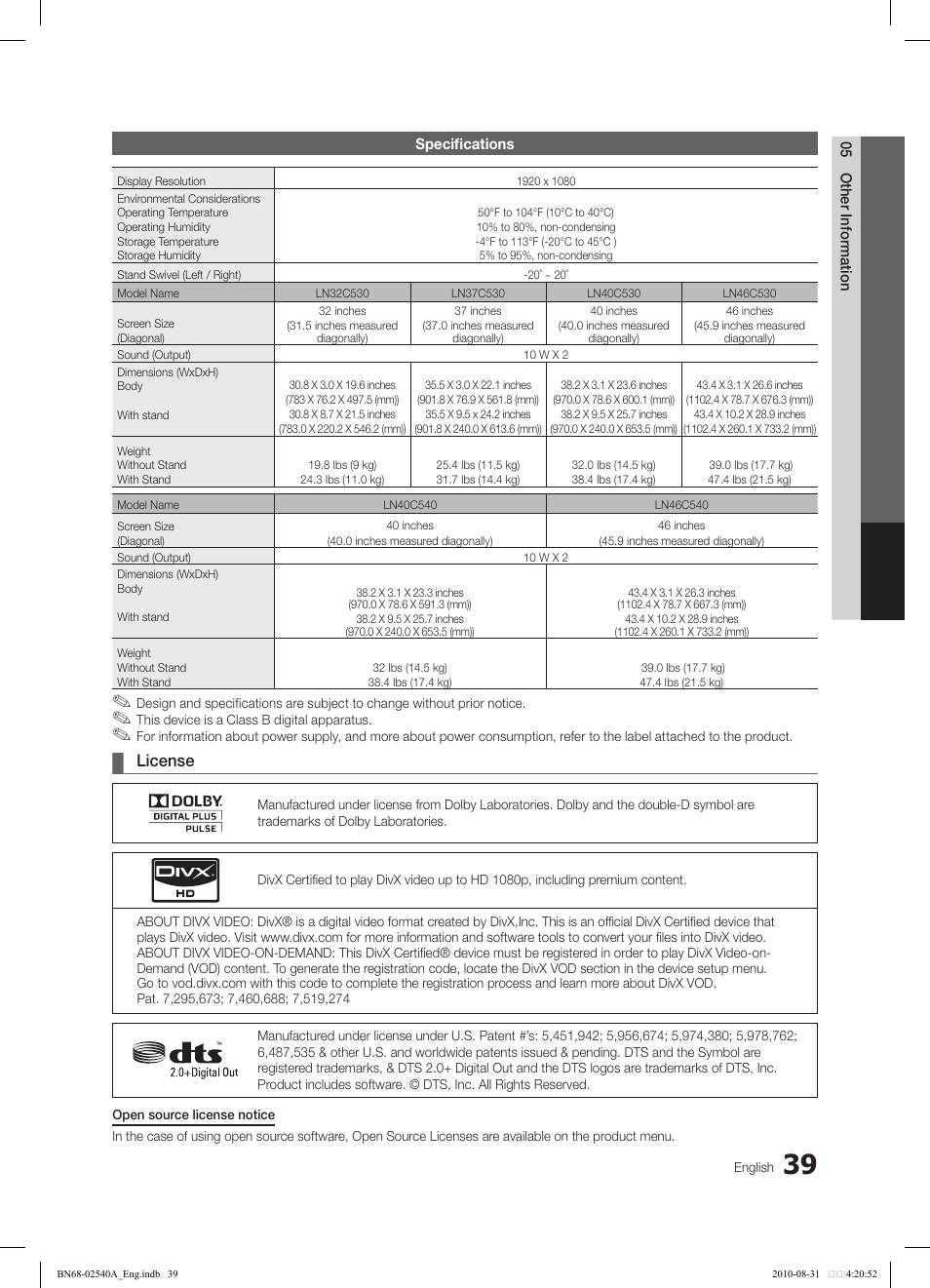 License | Samsung 540 User Manual | Page 39 / 41